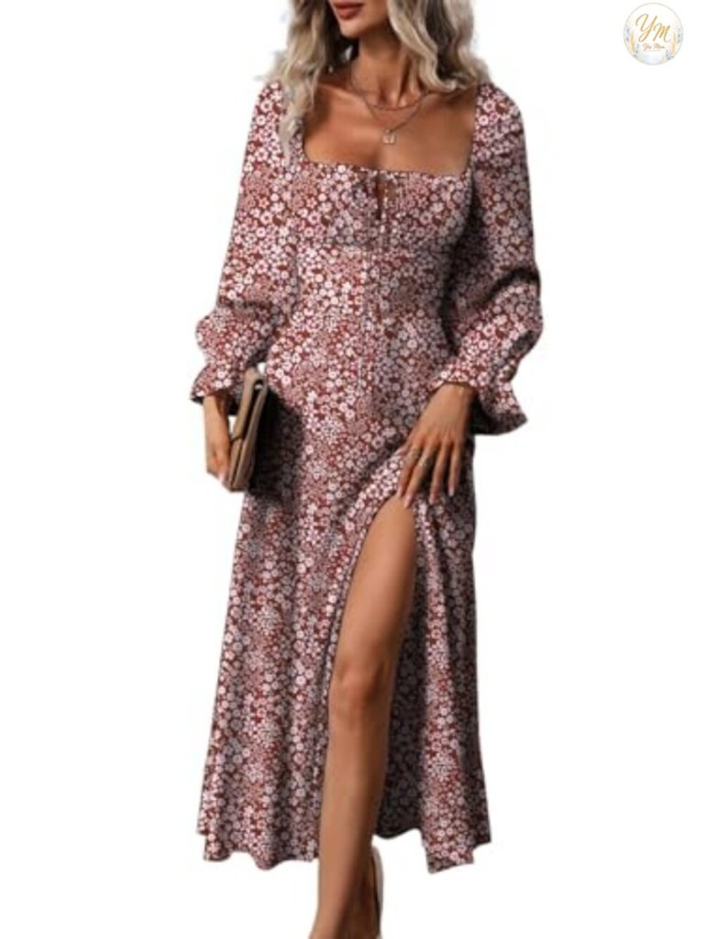 Womens Square Neck Long Sleeve Floral Midi Dress Side Split Boho A-Line